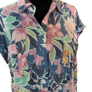 Tribal Jeans button down sleeveless floral shirt women's size M